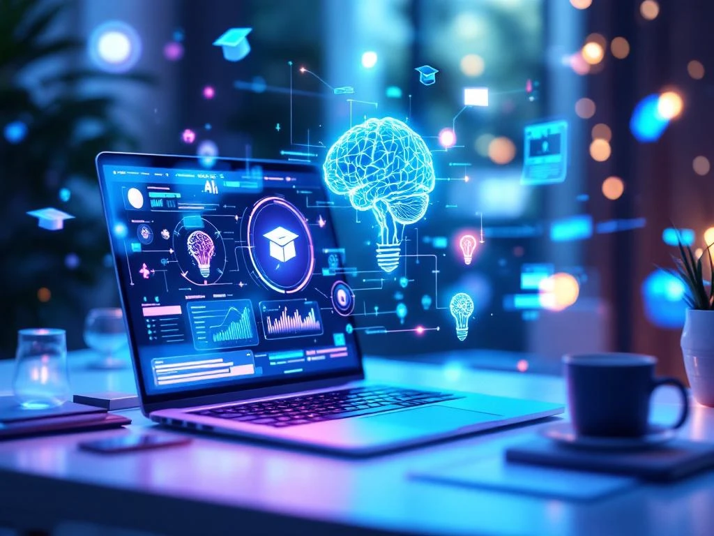 Laptop met interactieve AI-leermodules omringd door holografische hersennetten en educatieve pictogrammen in blauw-paars licht