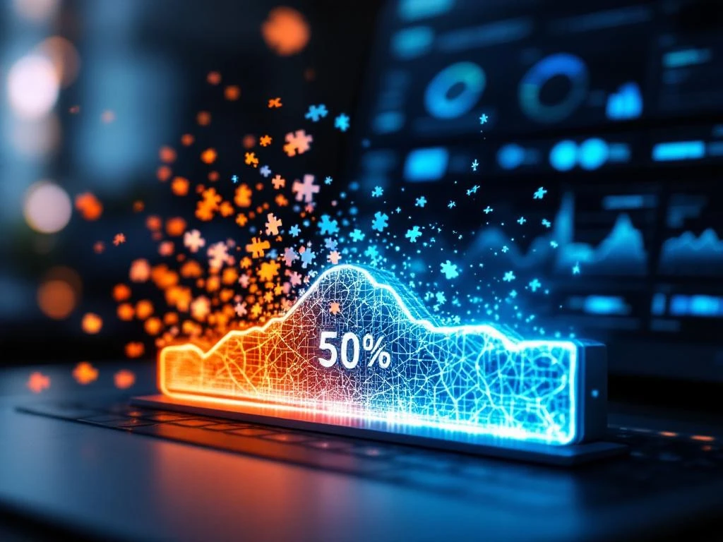 Digitale voortgangsbalk op 50% met puzzelstukjes die wegzweven en AI neuraal netwerk patroon in blauw licht
