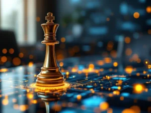 Gouden schaakkoning op digitaal bord met AI-circuits en holografische datastromen in moderne boardroom