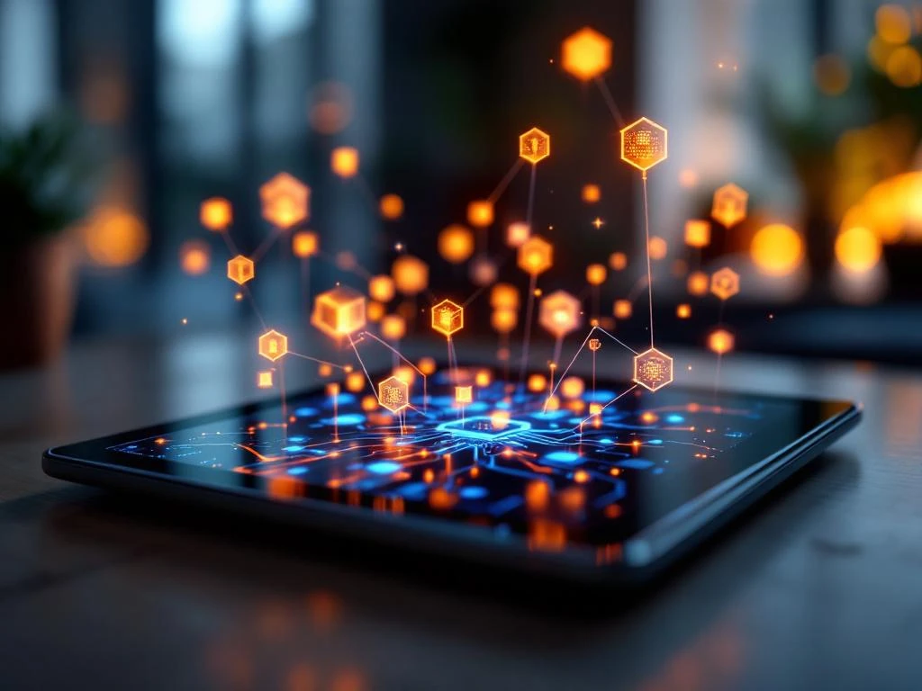 Tablet toont gloeiend AI neuraal netwerk met blauwe en oranje knooppunten en zwevende leermodules in modern kantoor