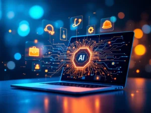 Moderne laptop met AI-circuitpatroon op scherm, omringd door holografische industrie-iconen in blauw-oranje tinten