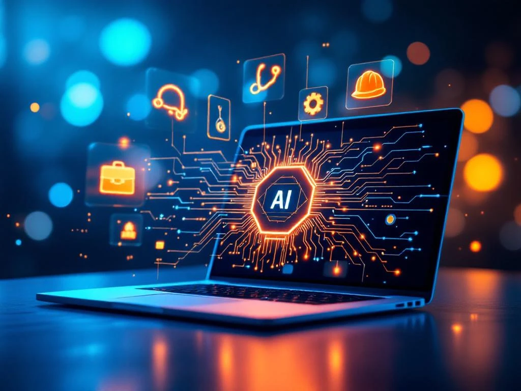 Moderne laptop met AI-circuitpatroon op scherm, omringd door holografische industrie-iconen in blauw-oranje tinten