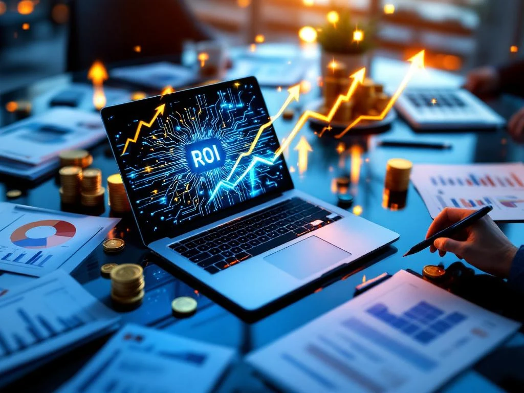 Laptop met AI-circuits op glazen vergadertafel met zakelijke documenten, grafieken en gouden munten die ROI symboliseren