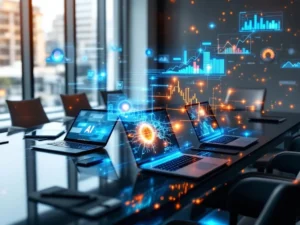 Moderne vergadertafel met laptops die AI-interfaces tonen en holografische datavisualisaties in blauw-oranje licht