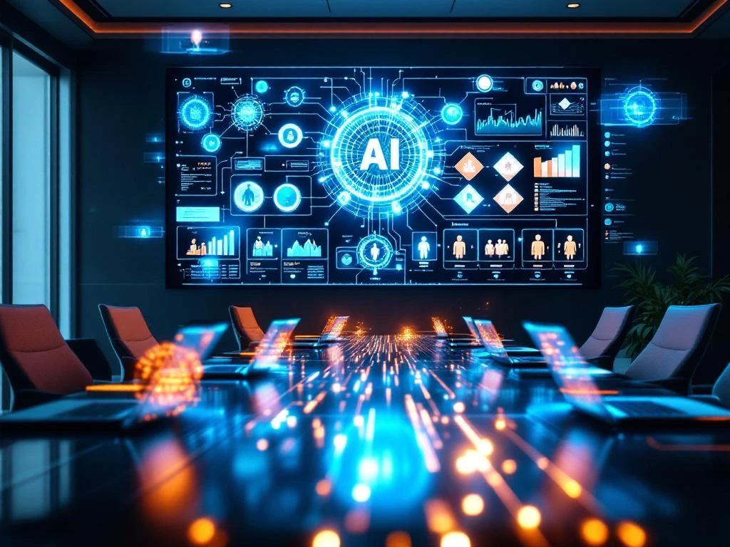 Moderne bestuurskamer met AI-netwerk op digitaal scherm, laptops tonen workforce analytics, holografische elementen