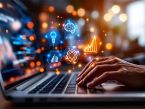 Handen typen op laptop met holografische AI-netwerken en zwevende evaluatie-iconen in moderne kantooromgeving