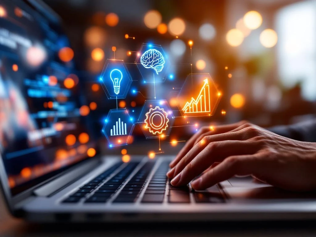 Handen typen op laptop met holografische AI-netwerken en zwevende evaluatie-iconen in moderne kantooromgeving