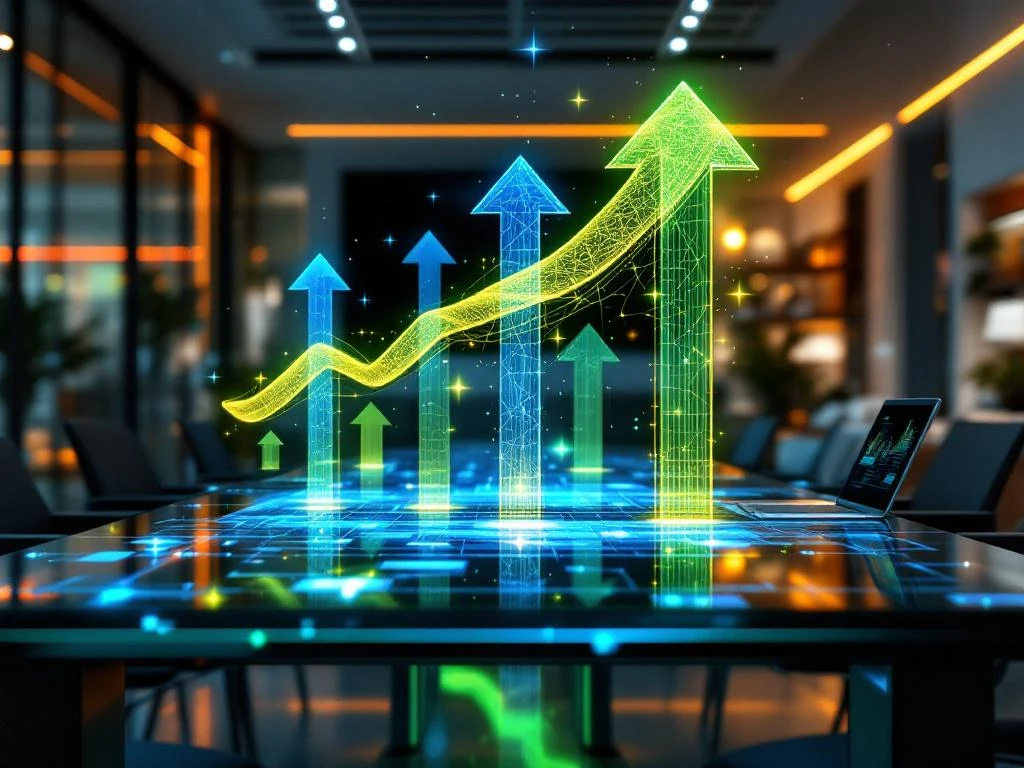 Moderne kantooromgeving met holografische AI-netwerken boven conferentietafel en opwaartse carrièrepijlen in blauw-groen