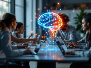 Diverse handen werken samen rond holografisch AI-brein netwerk met gloeiende verbindingen in moderne trainingsruimte