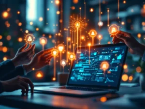 Laptop met AI neurale netwerk visualisaties op scherm, omringd door diverse handen die digitale vaardigheidsiconen aanraken