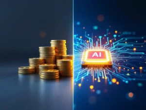 Split-screen vergelijking van hoge wervingskosten (gouden euromunten) versus AI-training investering (gloeiende chip)