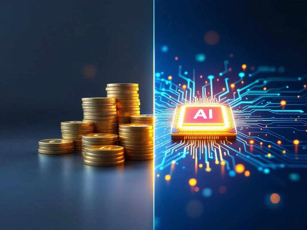 Split-screen vergelijking van hoge wervingskosten (gouden euromunten) versus AI-training investering (gloeiende chip)