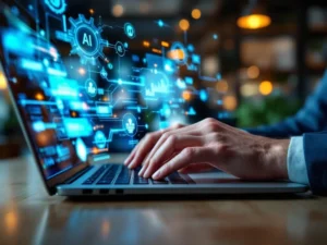 Handen typen op laptop met holografische AI-circuits en industrie-iconen in blauw-oranje licht boven scherm