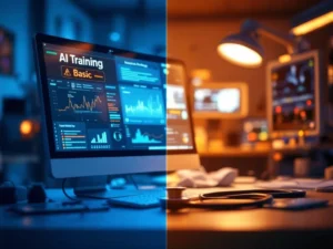 Computerscherm met basis AI-training links, geavanceerde medische apparatuur rechts, toont kloof in gespecialiseerde zorgopleidingen