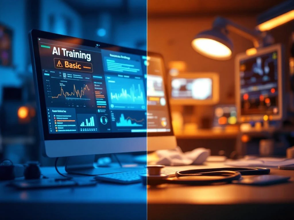 Computerscherm met basis AI-training links, geavanceerde medische apparatuur rechts, toont kloof in gespecialiseerde zorgopleidingen