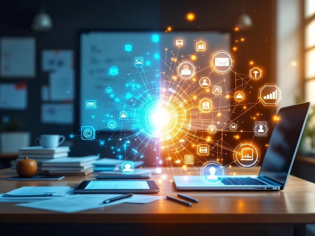 Split-screen van traditionele klaslokaal materialen die transformeren naar futuristische AI-elementen met gloeiende neurale netwerken