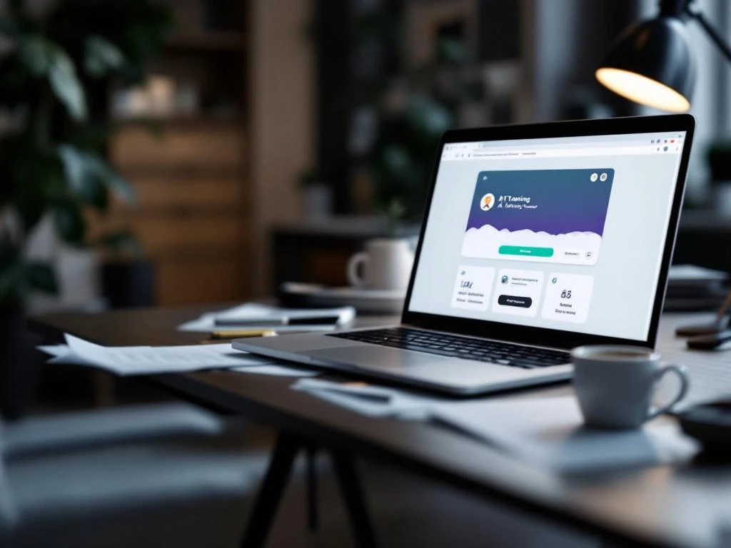 Lege bureaustoel bij bureau met laptop met gepauzeerde AI-trainingscursus, ongebruikte materialen en koude koffie