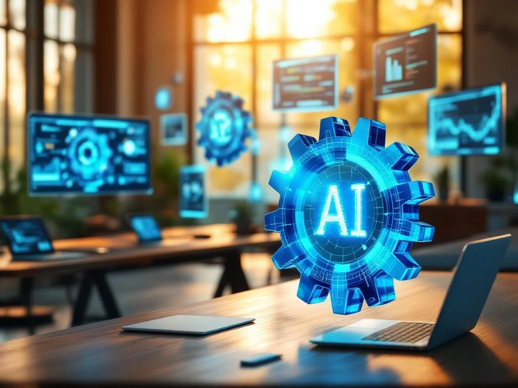 Transparante blauwe tandwielen symboliseren AI-transformatie in modern kantoor met digitale schermen en laptops