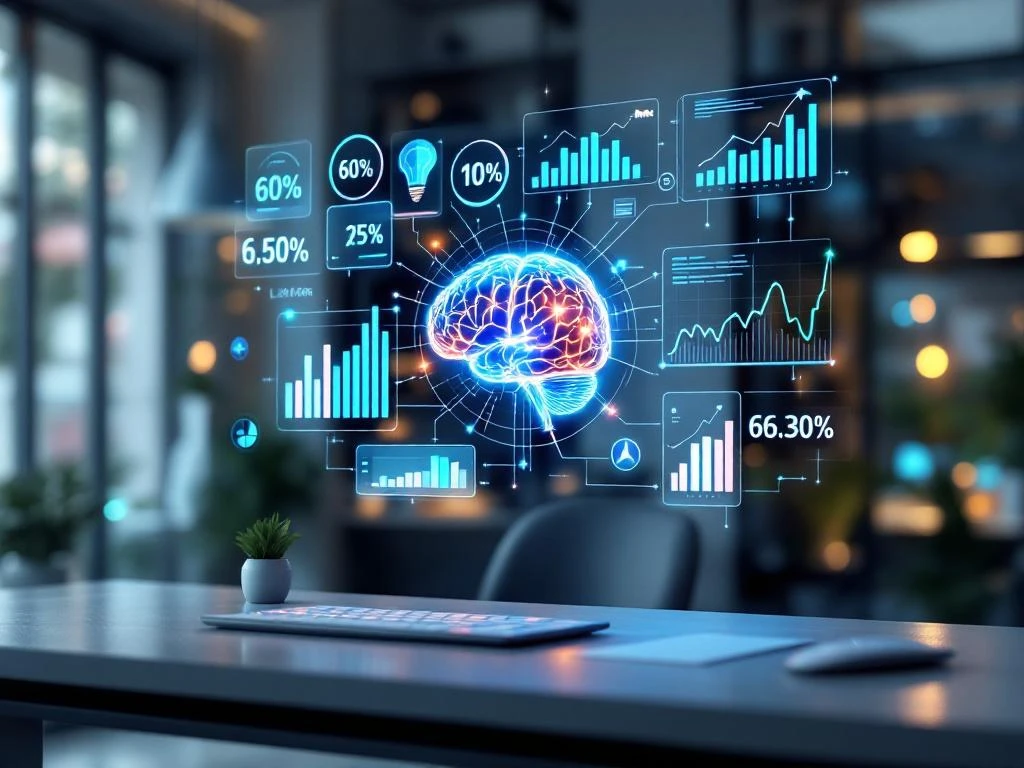 Holografisch dashboard met KPI-grafieken en AI-hersenpictogram boven modern bureau voor data-analyse en cursusevalu