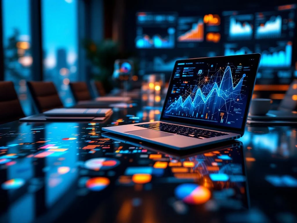 Moderne glazen vergadertafel met zwevende datavisualisaties, laptop met AI-netwerken en dashboard grafieken op achtergrond