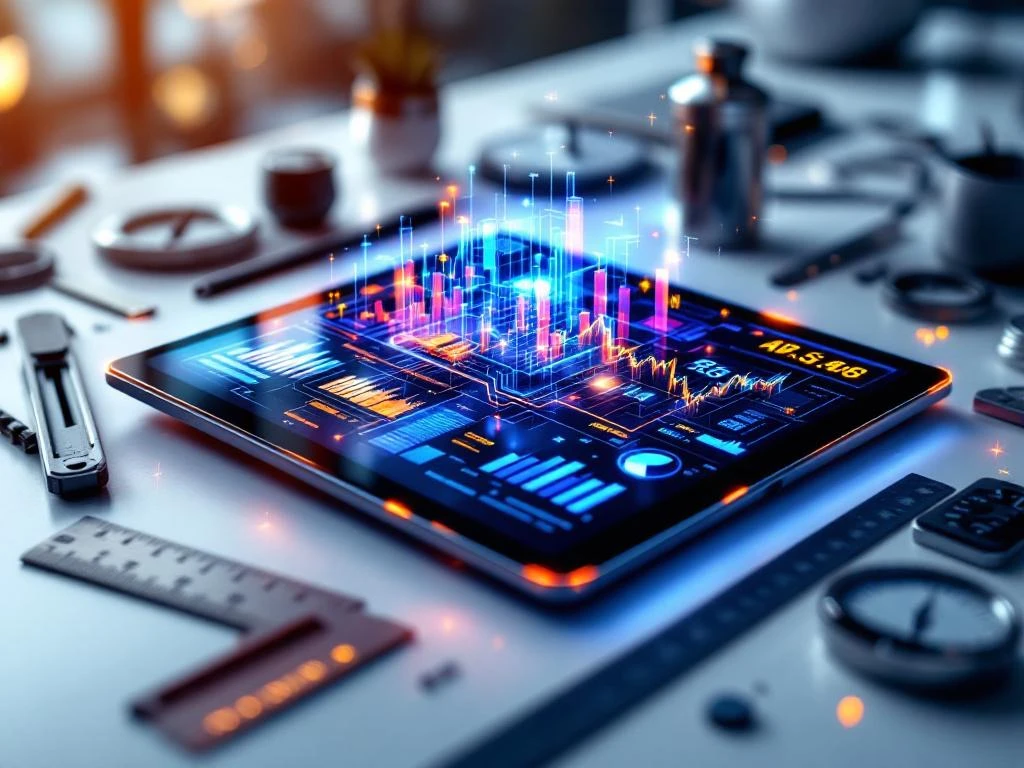 Digitaal dashboard met kleurrijke analytics grafieken en AI-circuits op tablet, omringd door meetinstrumenten op wit oppervlak