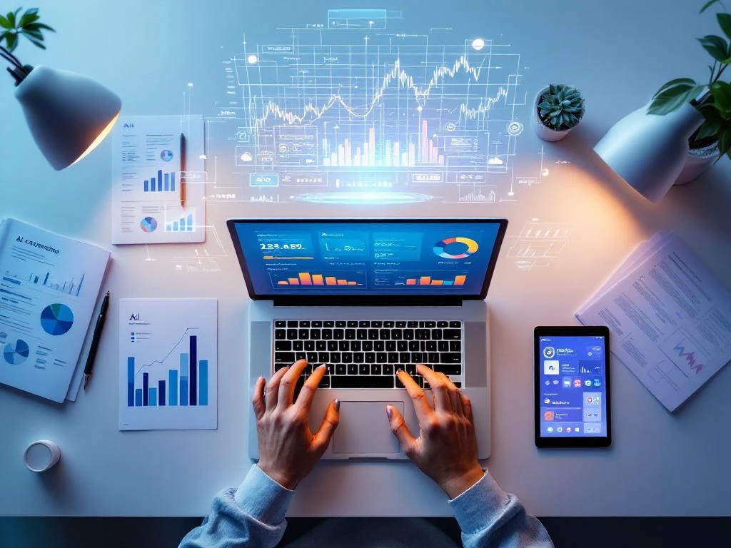 Moderne werkruimte met laptop met analytics dashboards, tablet met AI-cursussen en holografische datavisualisatie