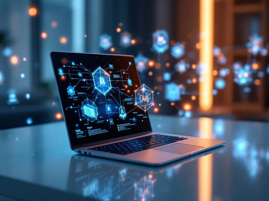 Laptop toont digitale leermodules met holografische AI-netwerken in blauw-oranje gradiënten op wit oppervlak