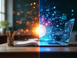 Gesplitst beeld van traditioneel klaslokaal met boeken en potloden dat overgaat in moderne digitale leeromgeving met laptop en AI-graphics.