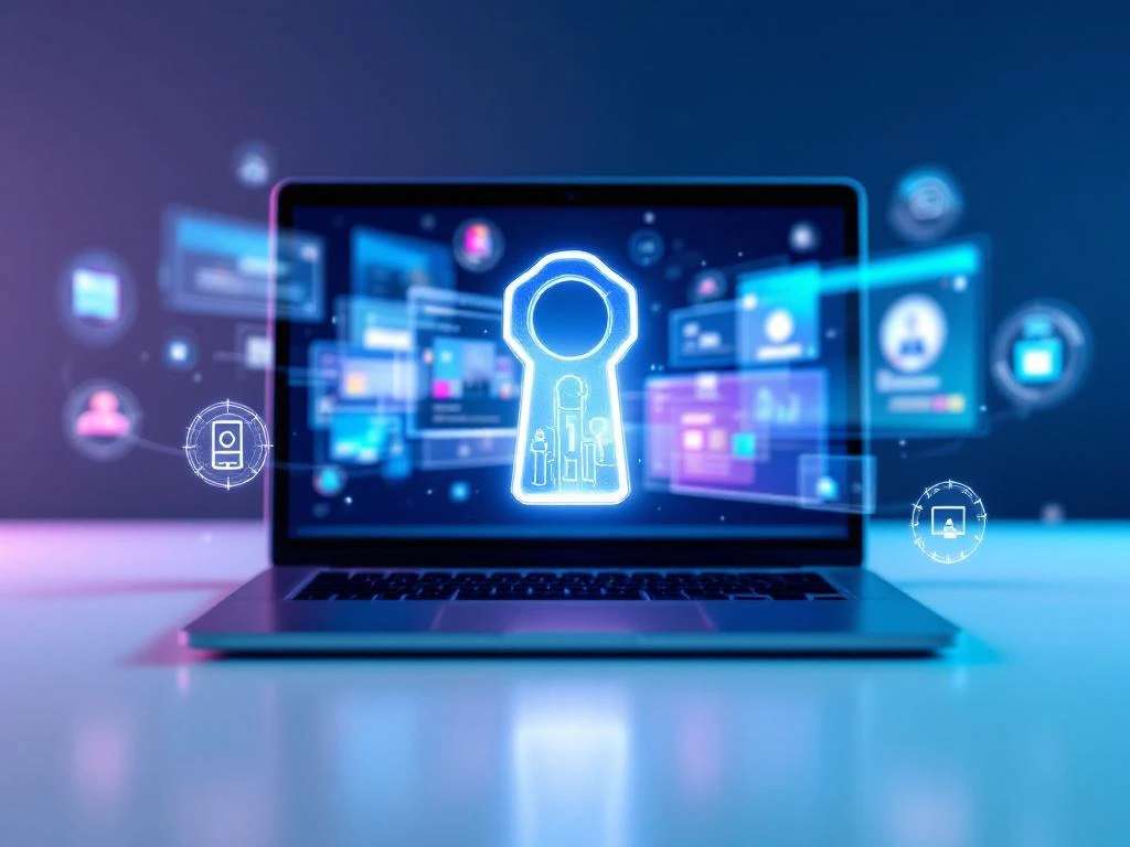 Glazen digitale sleutel zweeft boven laptop met AI-cursusinterfaces, omringd door holografische leeripictogrammen