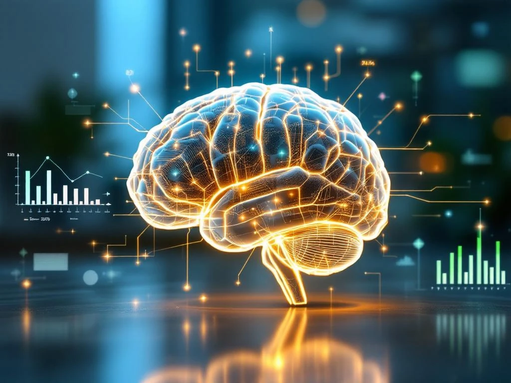 Digitale hersenen met gloeiende circuits omringd door holografische leergrafiekenen en retentie-analytics in moderne werkruimte