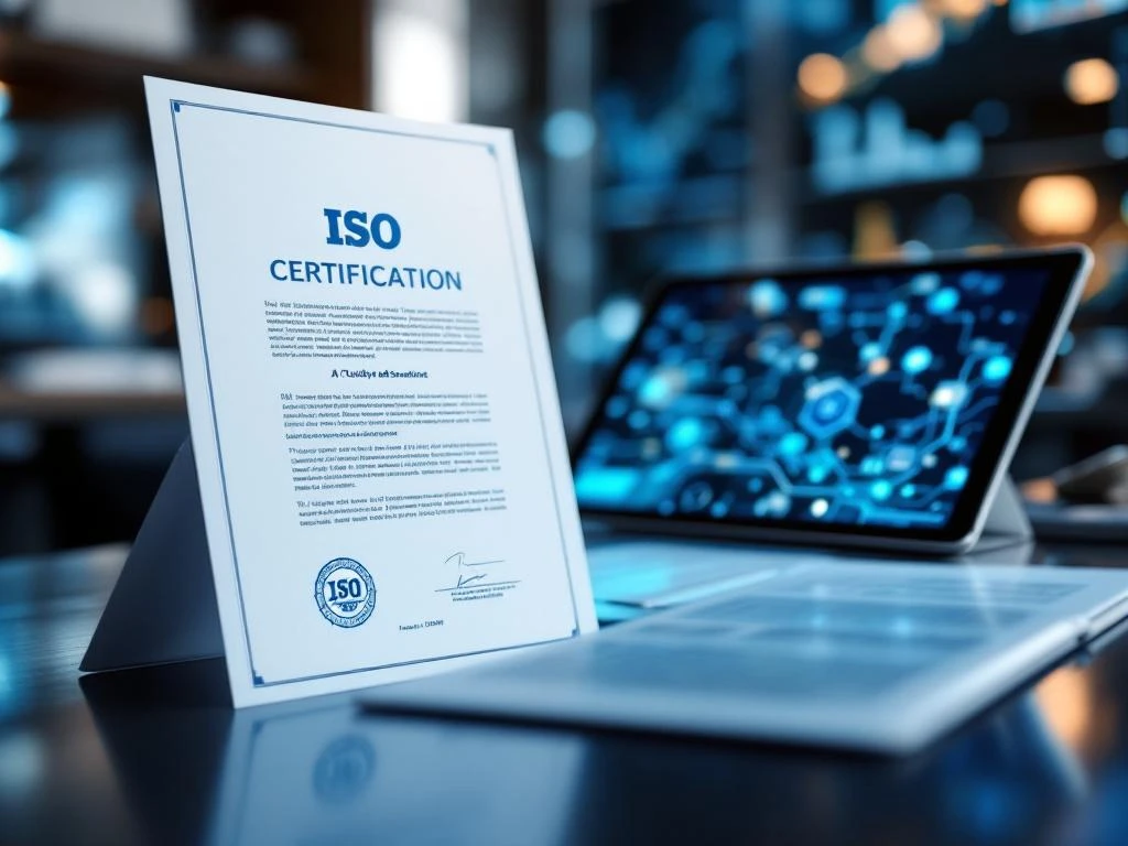 ISO-certificatiedocument op bureau naast tablet met AI-visualisaties en kwaliteitsborgingsgrafieken op achtergrond