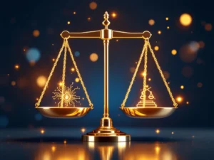 Weegschaal van Justitie met AI-circuitpatronen en juridische documenten, gouden verlichting op blauwe achtergrond
