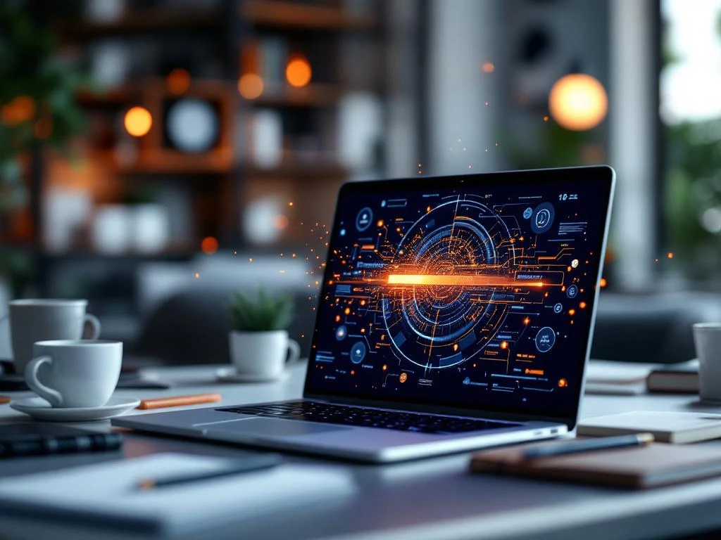 Laptop met AI-interface toont verbindingsfout met digitale deeltjes, omringd door koffiekopjes op modern bureau