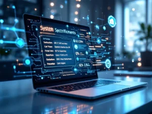 Moderne laptop toont technische specificaties omringd door holografische AI-circuits en netwerkvisualisaties op werkplek