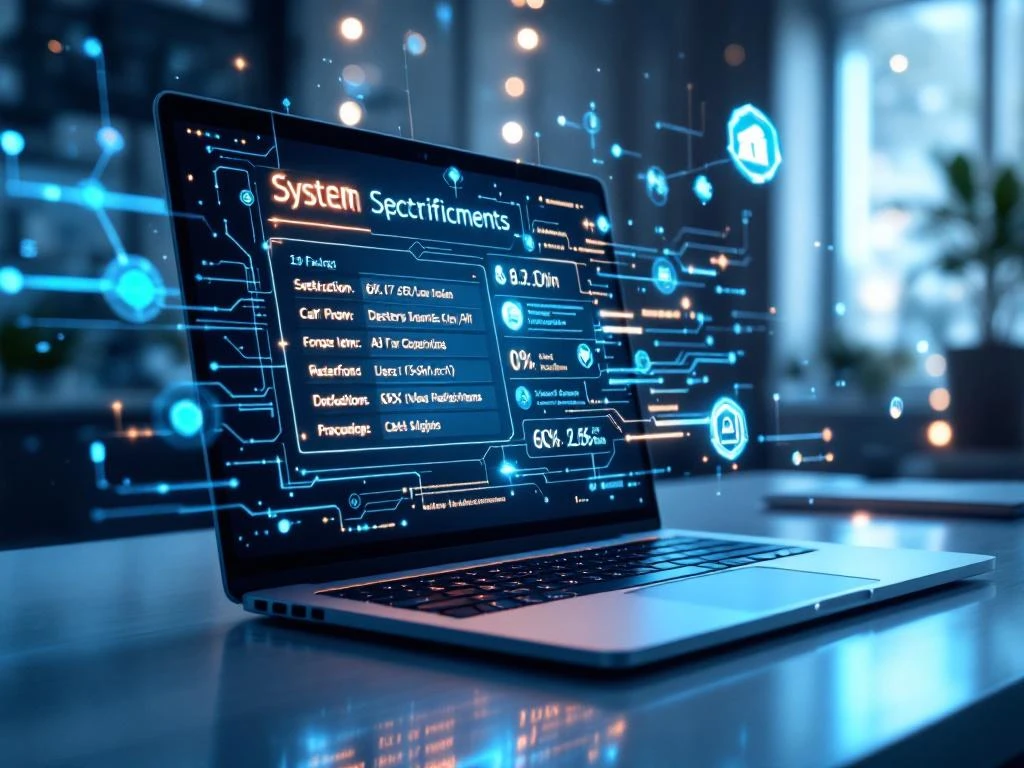 Moderne laptop toont technische specificaties omringd door holografische AI-circuits en netwerkvisualisaties op werkplek