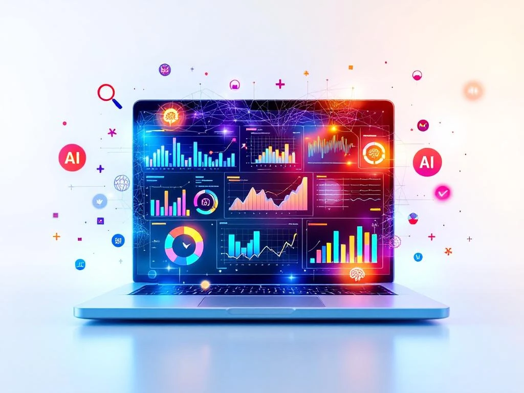 Moderne laptop met kleurrijke AI-analytics dashboards en holografische datavisualisaties op professionele achtergrond