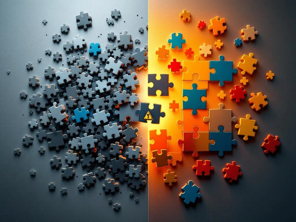 Twee onderwijsbenaderingen: grijze puzzelstukjes verspreid versus kleurrijke stukjes perfect passend in harmonieus patroon