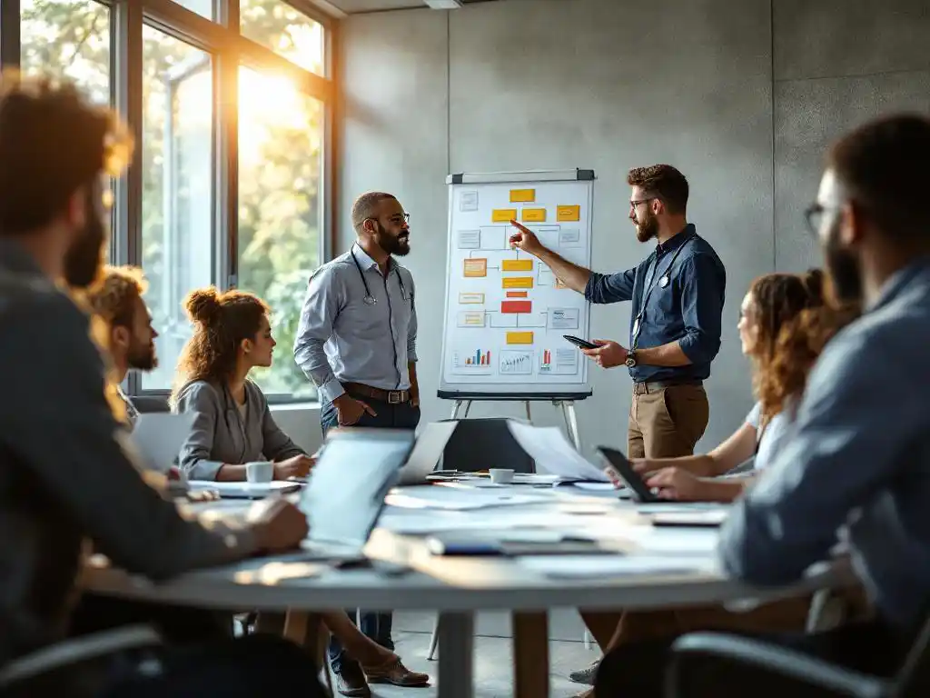 Bedrijfsmentor begeleidt diverse werknemers rond conferentietafel met laptop, blauwdrukken, stethoscoop en calculator