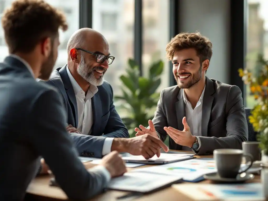 Zakelijke mentor begeleidt jonge professional met ontwikkelingsboek vol voortgangsgrafieken aan moderne vergadertafel