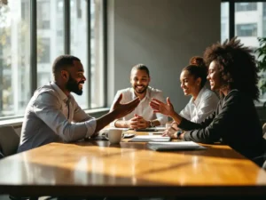 Professionele bedrijfsmentor in gesprek met diverse groep medewerkers rond conferentietafel in kantoor