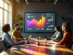 Moderne bedrijfstrainingsruimte met interactief digitaal whiteboard en diverse professionals in discussie rond conferentietafel