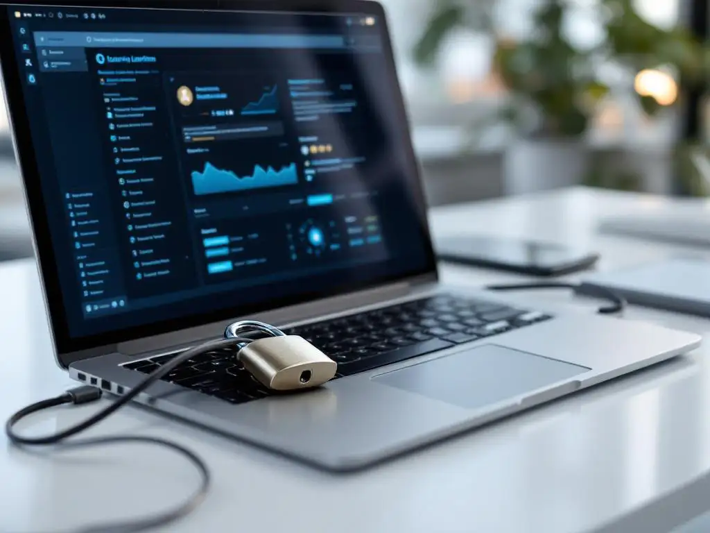 Laptop met digitaal leerplatform en beveiligingselementen zoals hangslot en badge op wit bureau