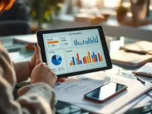Professionele vrouw houdt tablet met kleurrijke leeranalytics boven traditionele trainingshandboeken op glazen bureau