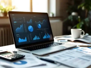 Laptop met financiële grafieken op scherm, omringd door rekenmachine, facturen en budgetdocumenten op wit bureau