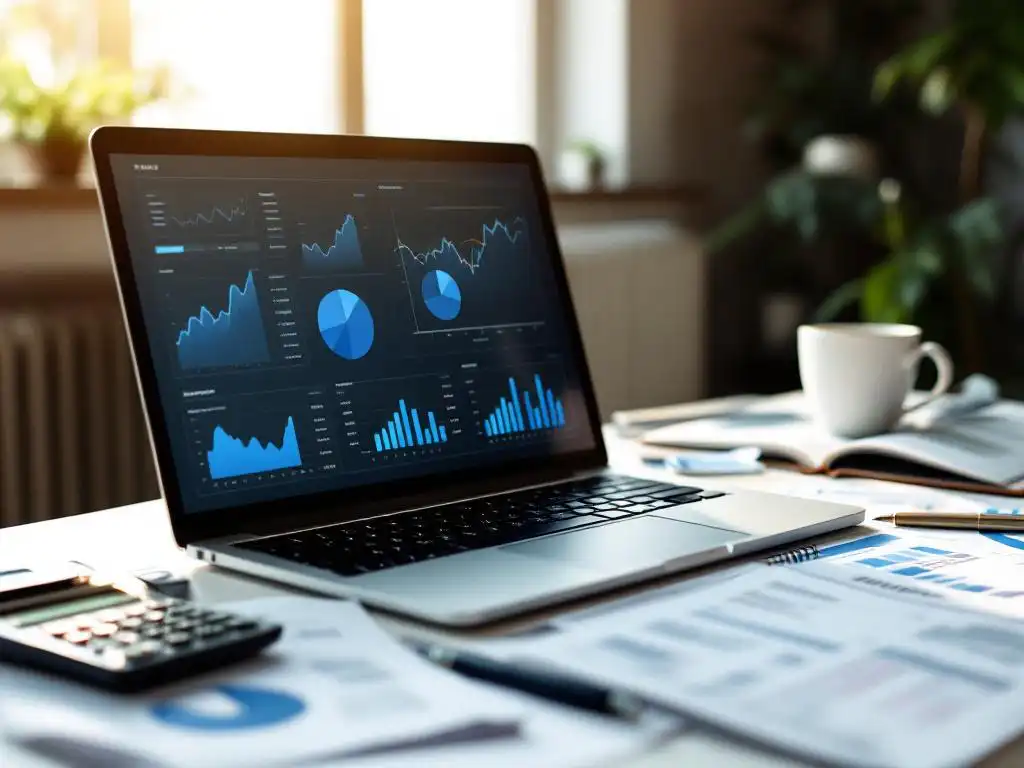 Laptop met financiële grafieken op scherm, omringd door rekenmachine, facturen en budgetdocumenten op wit bureau