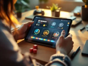 Professionele vrouw gebruikt tablet met voortgangsbalken en badges, gokdobbelstenen en trofeeën op houten bureau