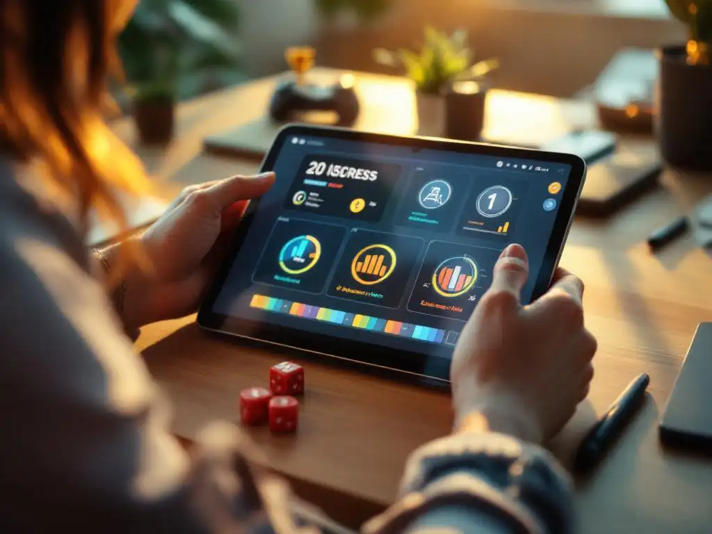 Professionele vrouw gebruikt tablet met voortgangsbalken en badges, gokdobbelstenen en trofeeën op houten bureau