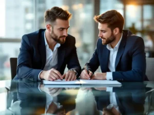 HR-manager in marineblauw jasje begeleidt jonge medewerker bij glazen vergadertafel met ontwikkelingsplan