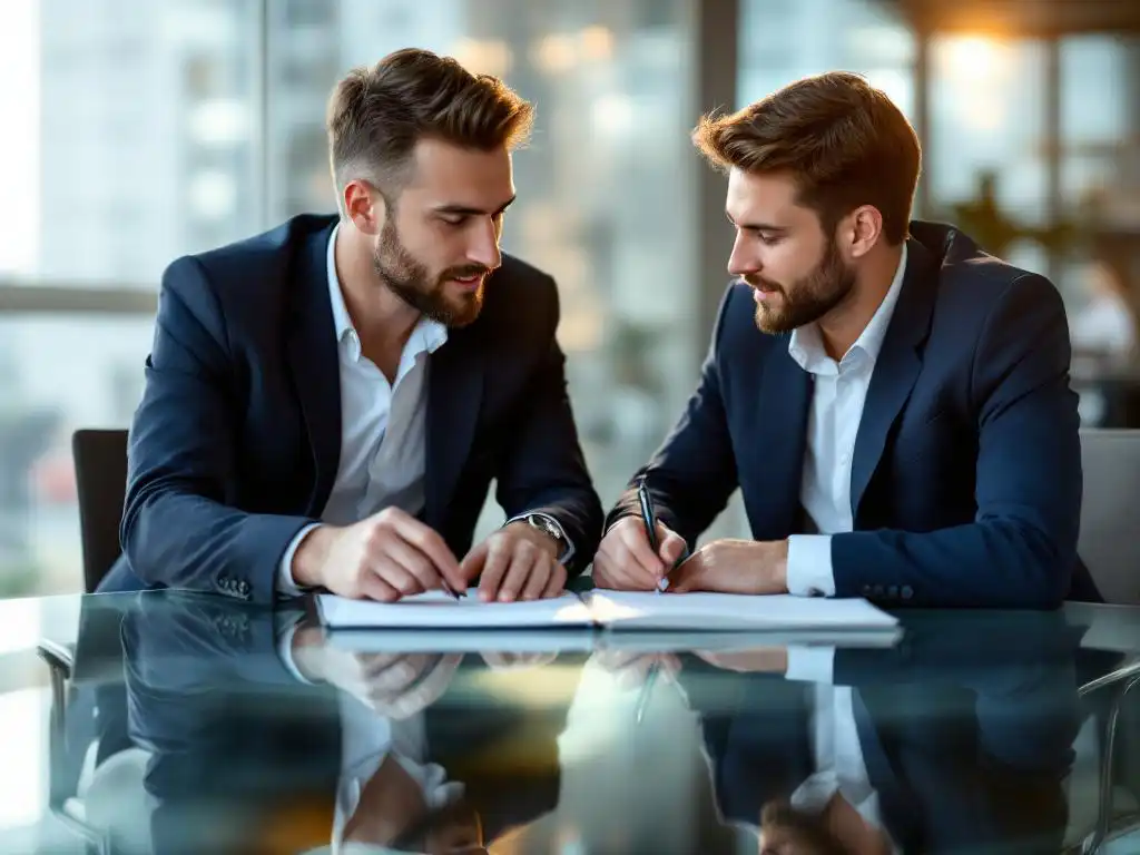 HR-manager in marineblauw jasje begeleidt jonge medewerker bij glazen vergadertafel met ontwikkelingsplan