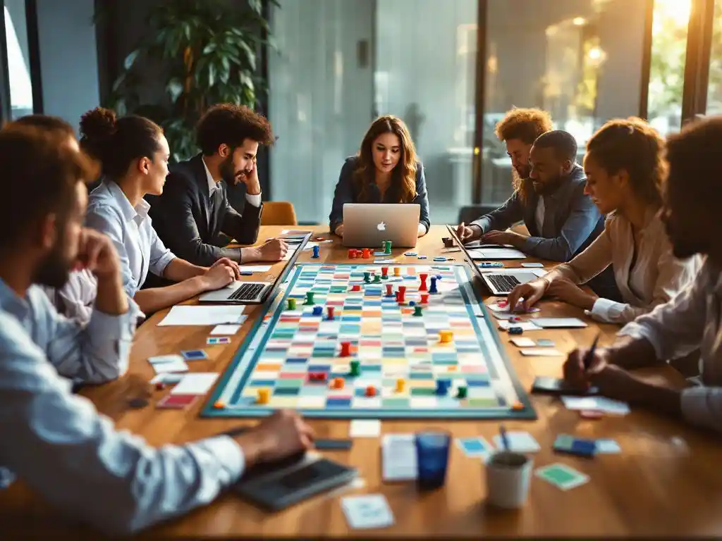 Diverse kantoorprofessionals spelen bordspel rond conferentietafel voor teambuilding en samenwerking